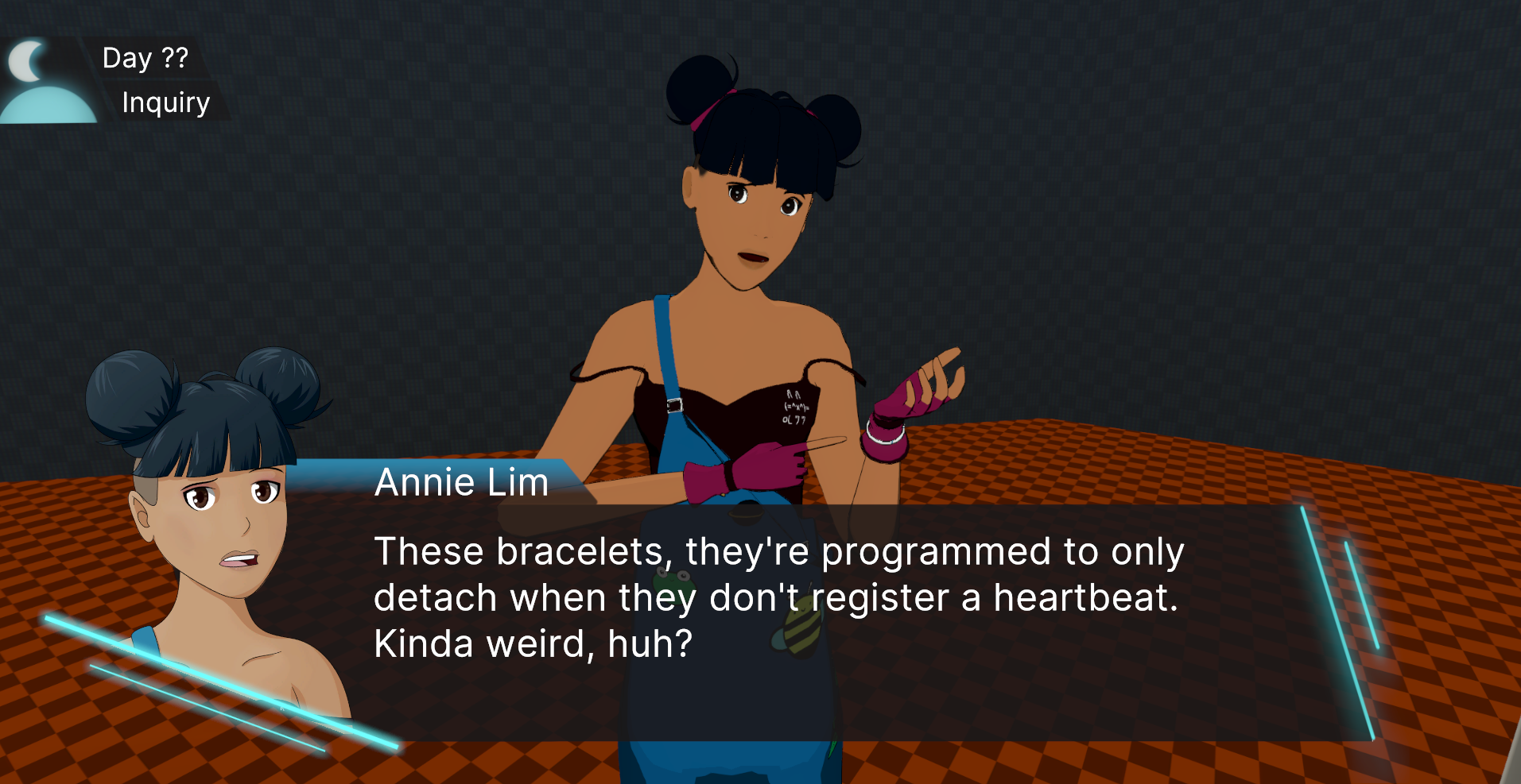 A screenshot of Annie’s 3D model in-game with a VN overlay. Her model and sprite look skeptical and she is showing off a bracelet on her wrist whilst saying “These bracelets, they’re programmed to only detach when they don’t register a heartbeat. Kinda weird, huh?”